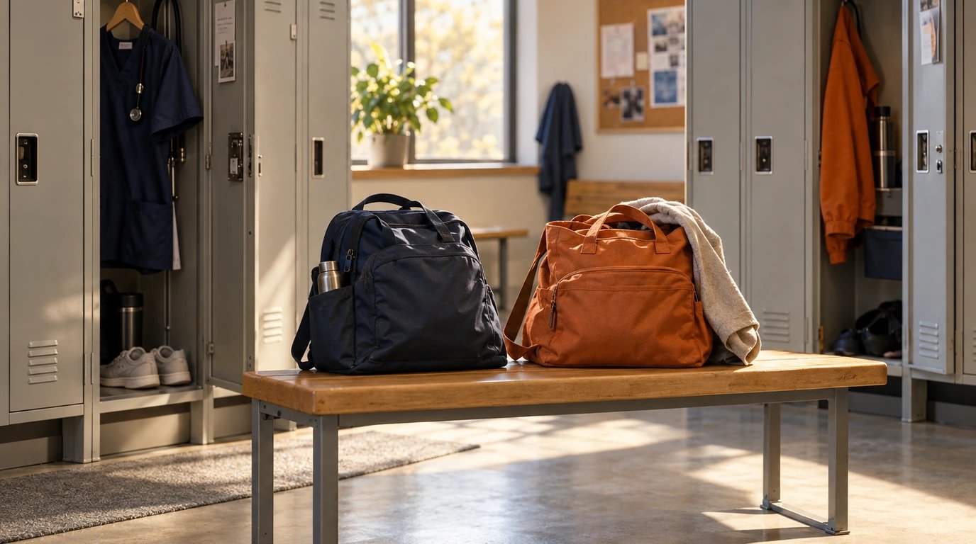 Two work bags on a bench between adjacent staff lockers.