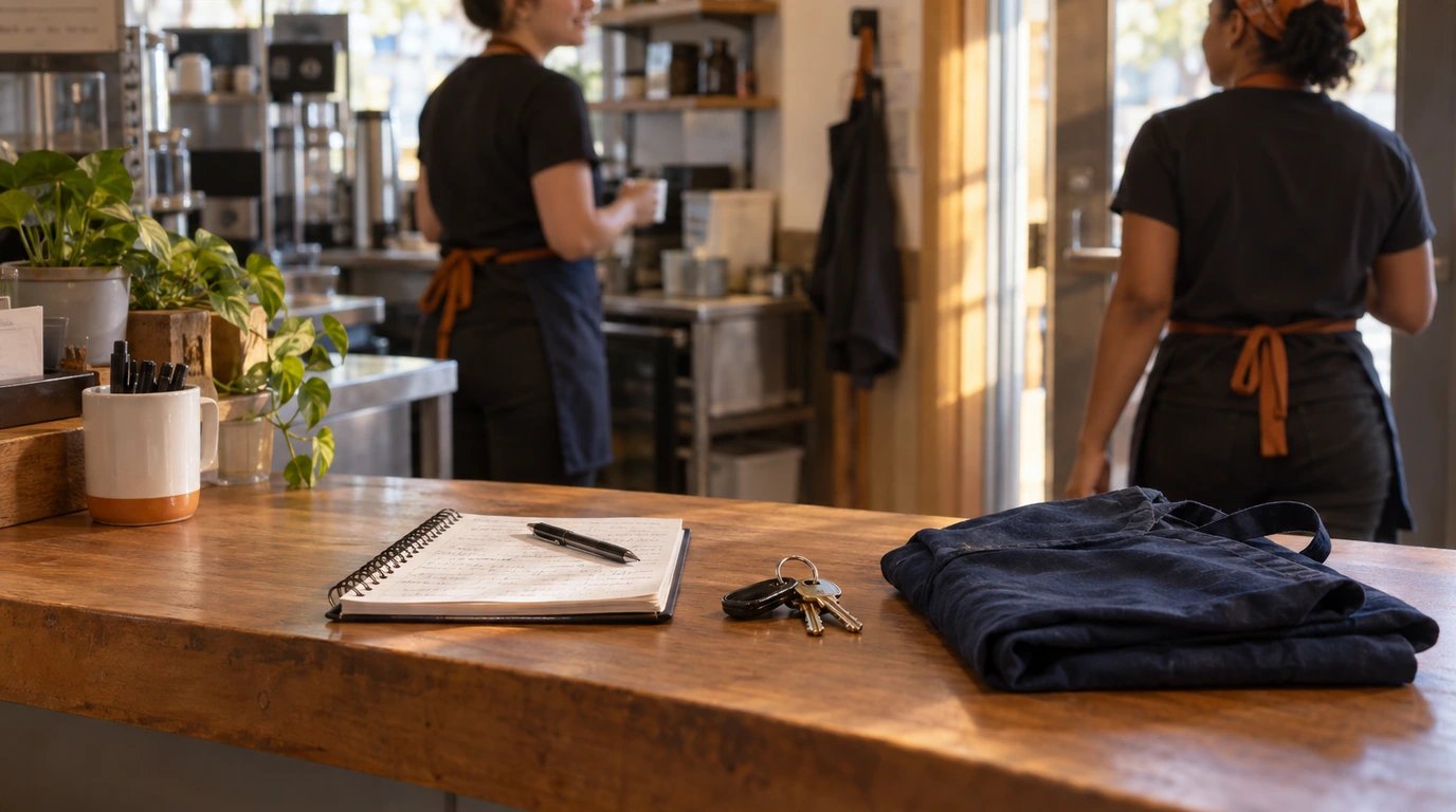 A shift notebook, keys and folded apron left at a staff handoff counter.