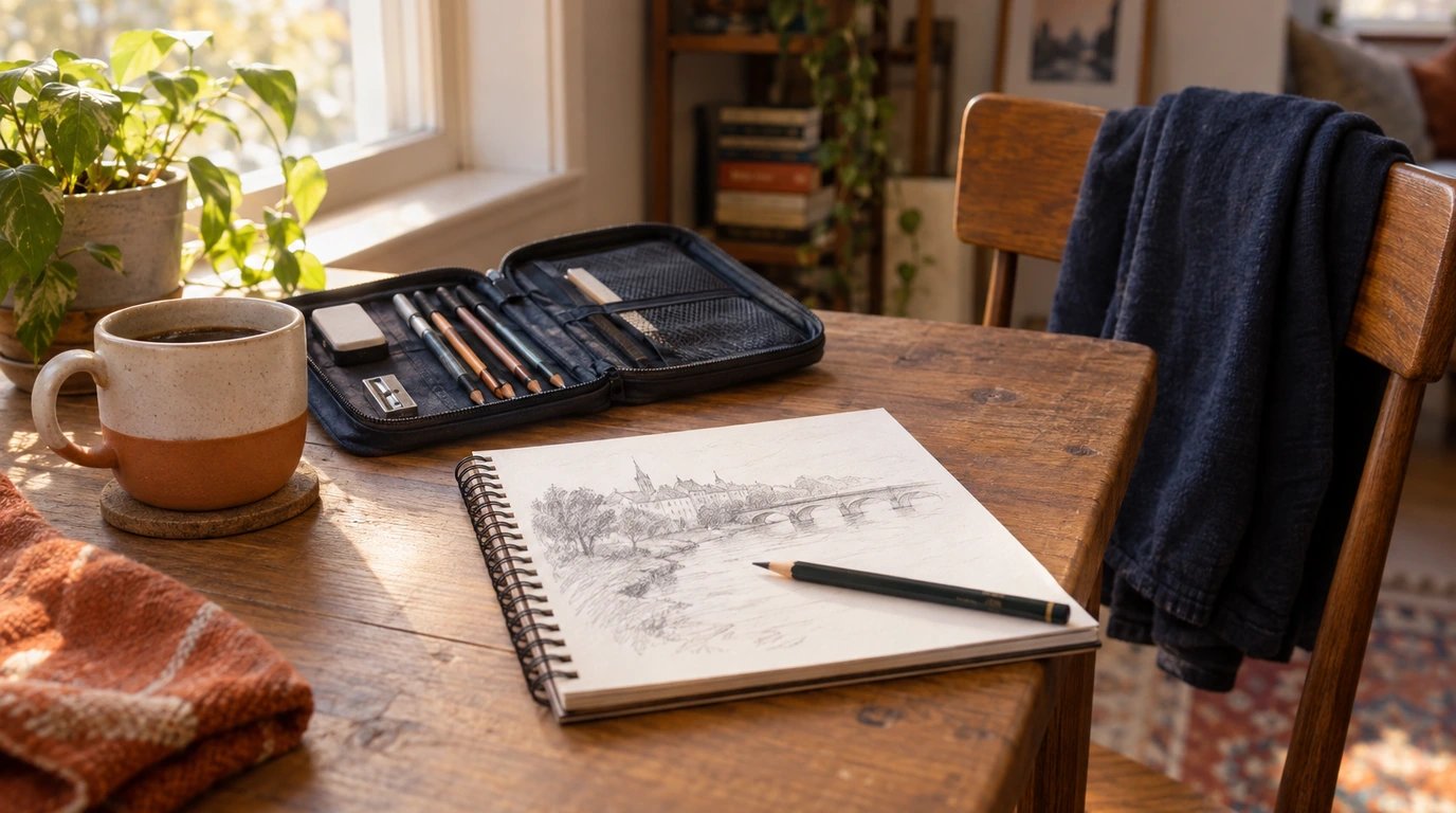 A small sketching kit and unfinished drawing ready for a short session.