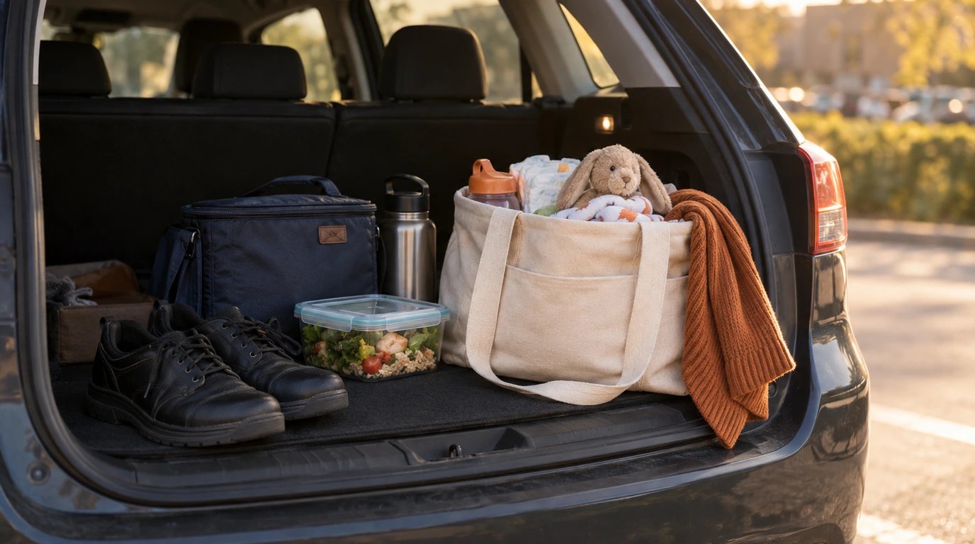 Lunch, work shoes and a care tote arranged in a parked car trunk.