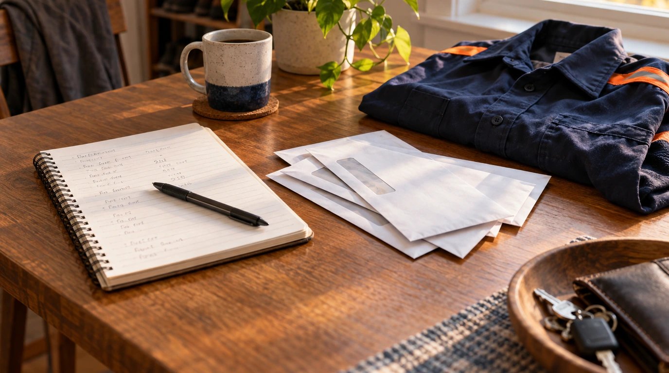 A notebook beside several pay envelopes and a work shirt.