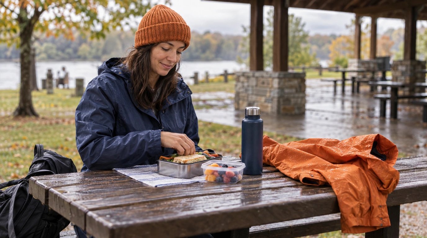 A packed lunch and rain jacket at a park picnic area near a shelter.