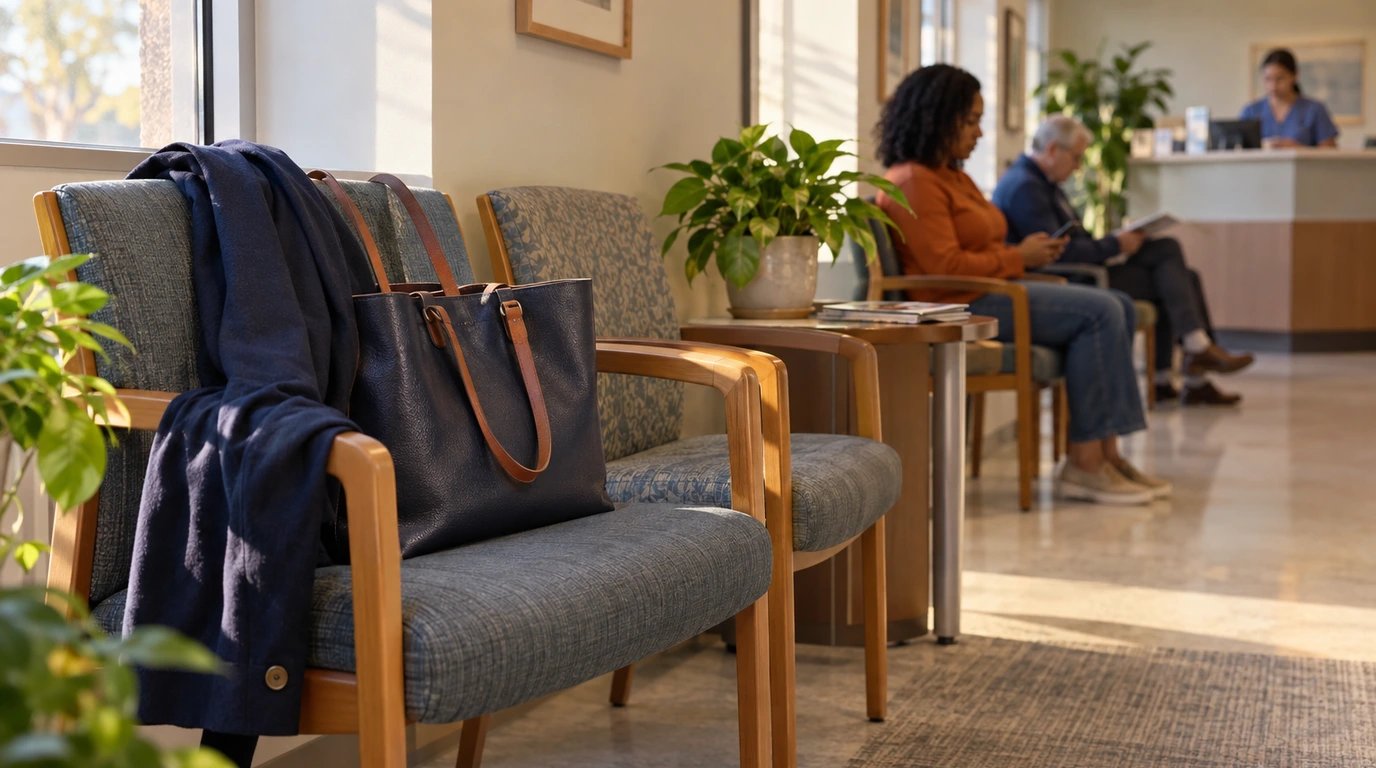 A work tote and jacket beside a chair in an appointment waiting room.