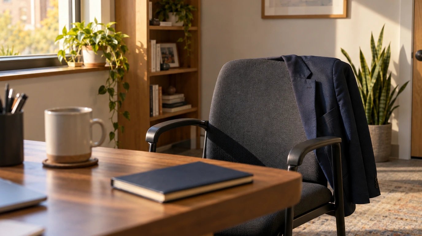 An interview chair with a jacket and closed notebook in a modest office.