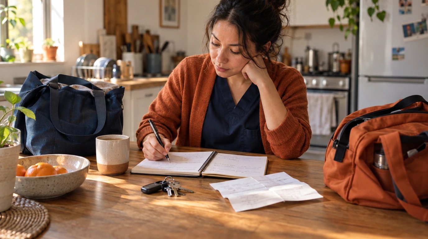 A notebook, folded sheet and keys on a kitchen table between two everyday bags.