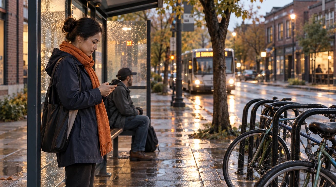 A neighborhood bus shelter beside a bicycle rack after rain.