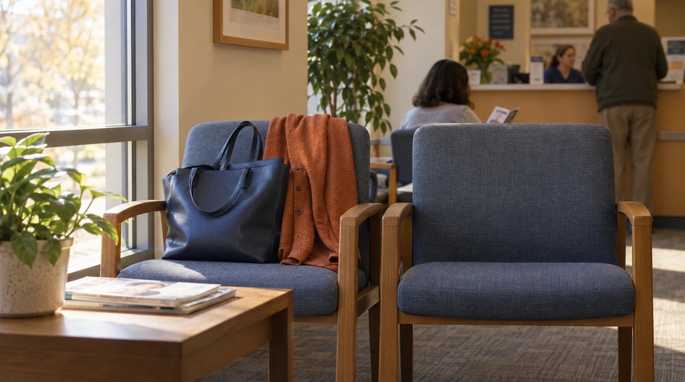 A work bag and cardigan beside two chairs in an appointment waiting area.
