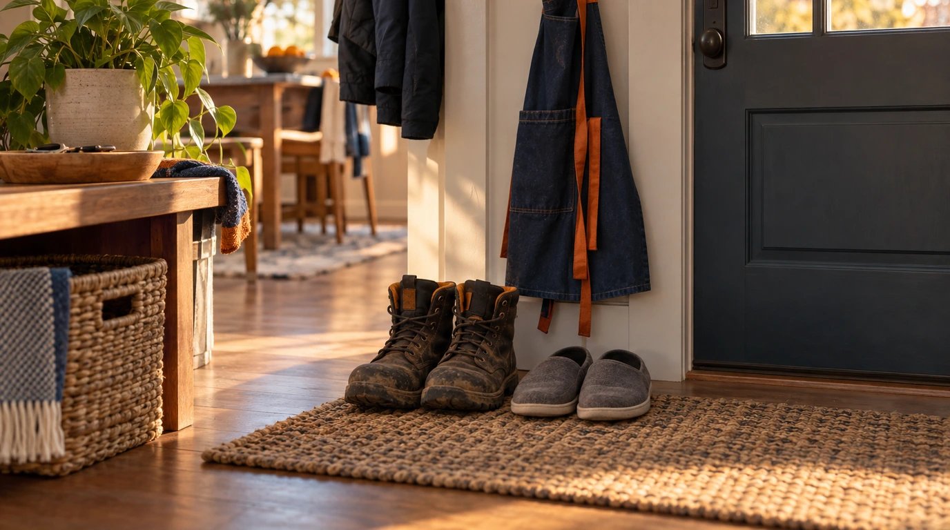 Work boots and indoor shoes beside an apron at a home entrance.