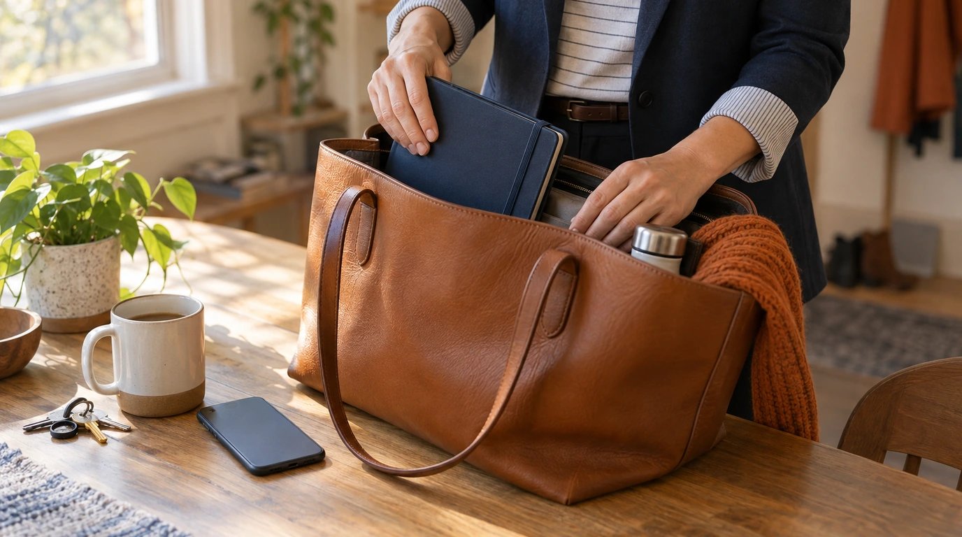 A closed calendar inside a work tote with a phone kept face down.