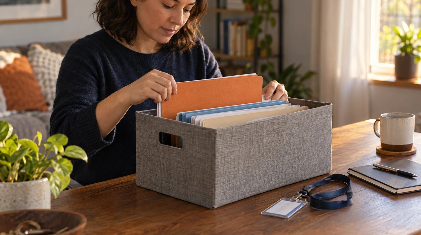 Employee and benefits folders in a home storage box beside a work lanyard.