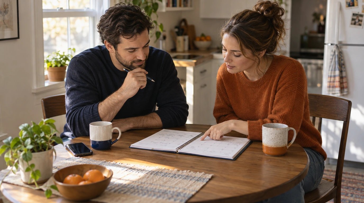Two mugs and a calendar between chairs at a small kitchen table.
