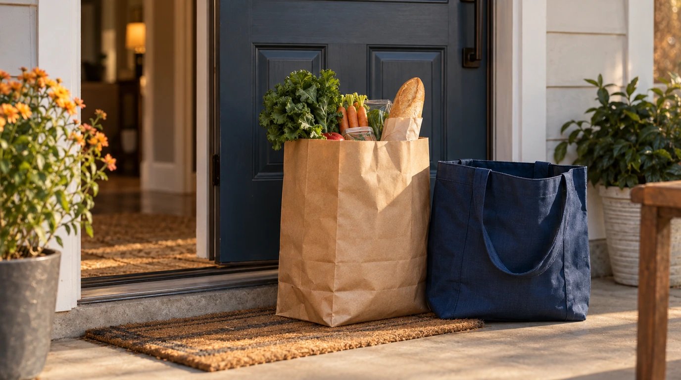 A grocery bag ready at a doorstep beside an empty reusable tote.
