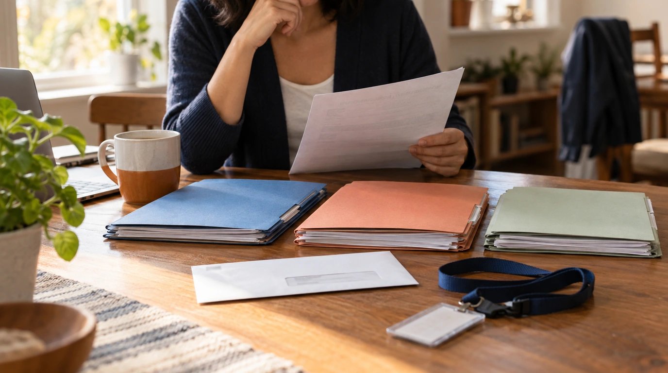 Separate paperwork folders beside a pay envelope and an unbranded work lanyard.