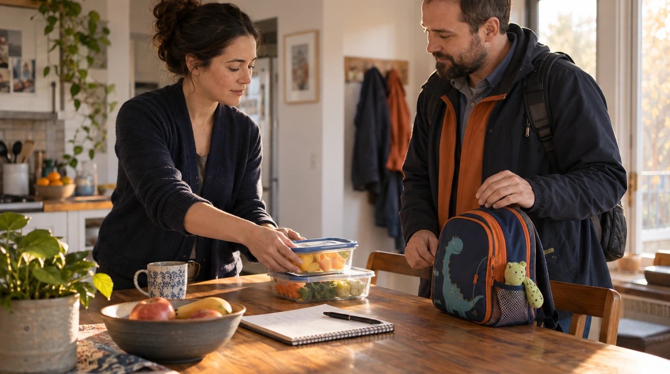 Two adults prepare lunch containers beside a child backpack and a handoff notebook.