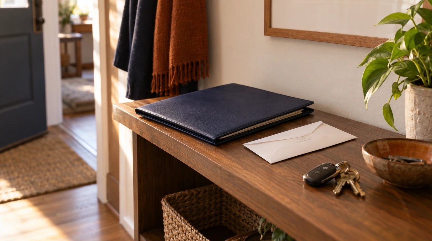 A closed work folder and appointment envelope beside keys on a hallway shelf.