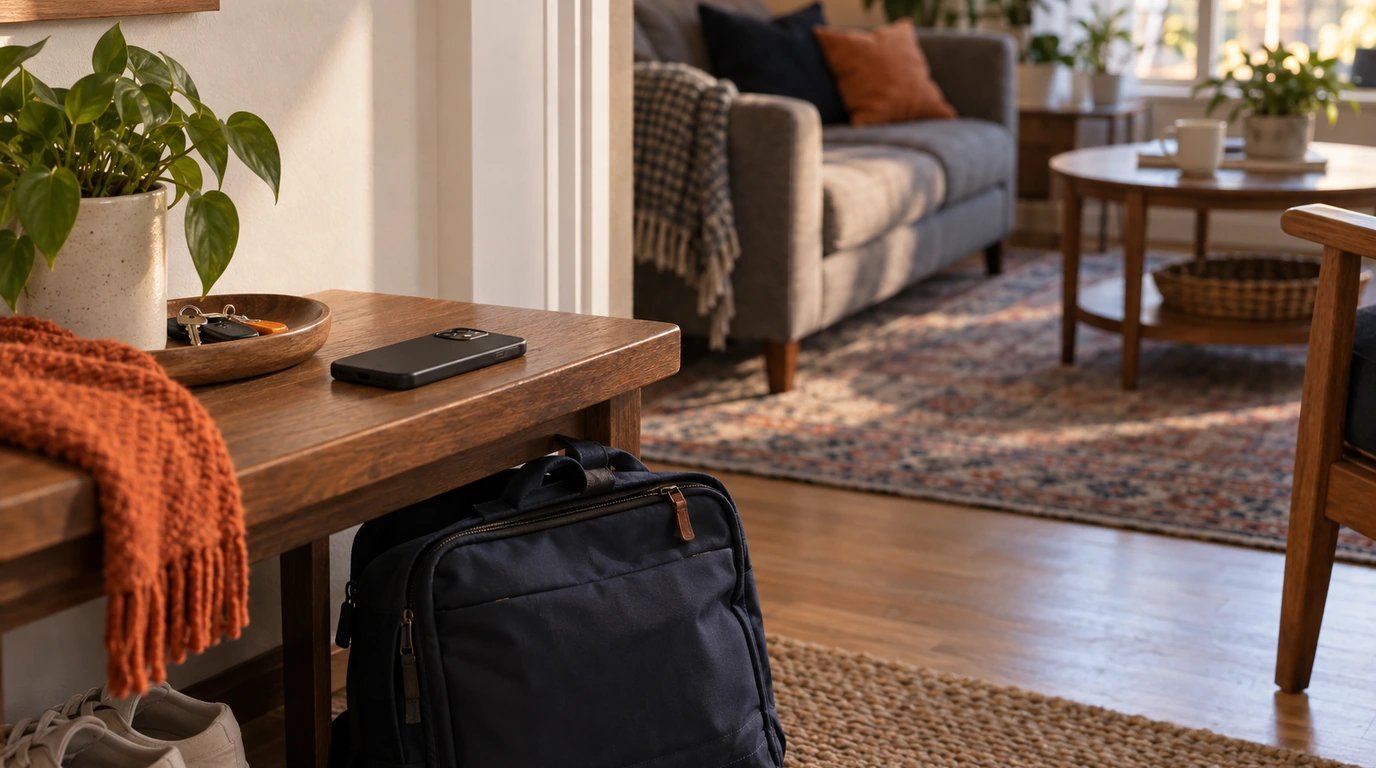 A face-down phone above a zipped work bag at the edge of a living room.