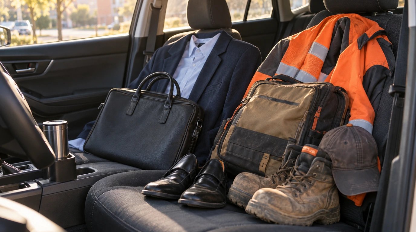 Two sets of work clothes and bags on the seat of a parked car.
