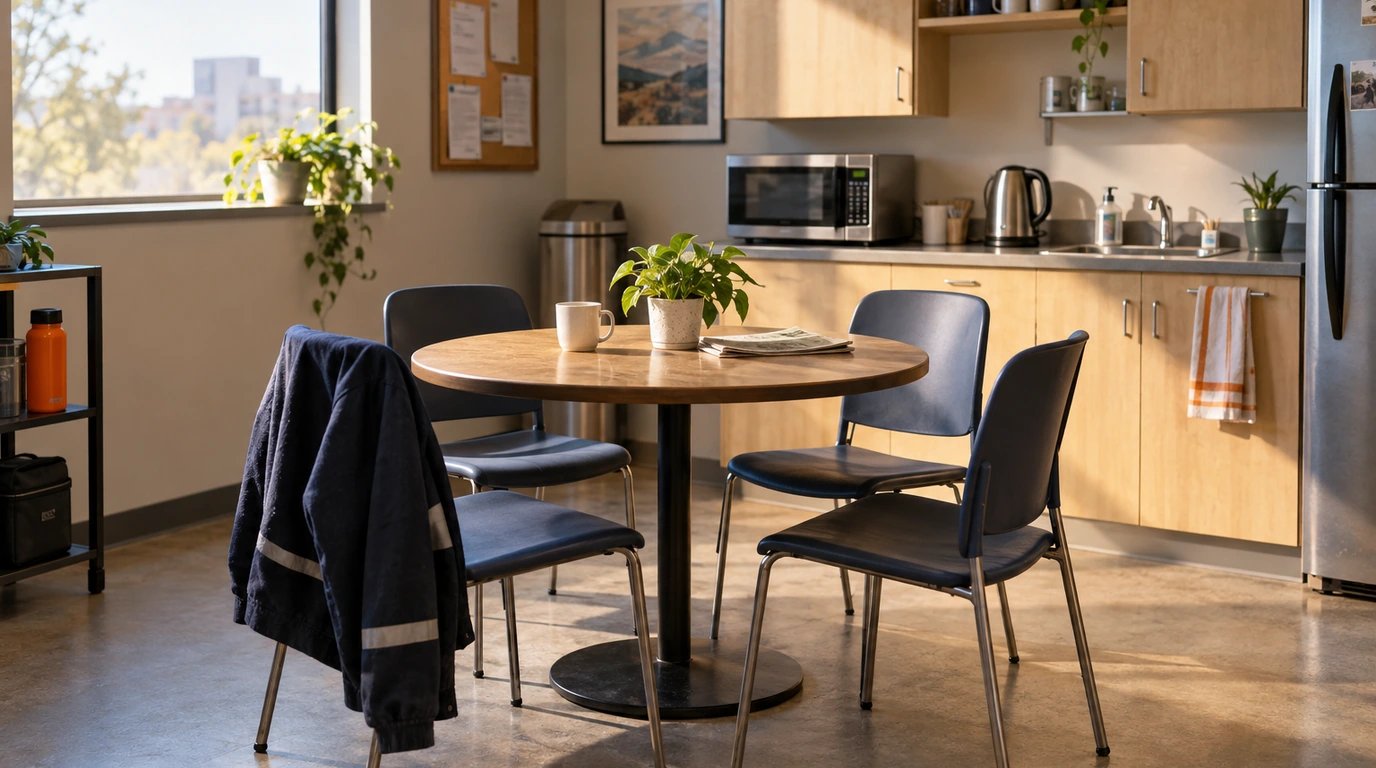 An empty staff break room with a kettle, microwave and small table.
