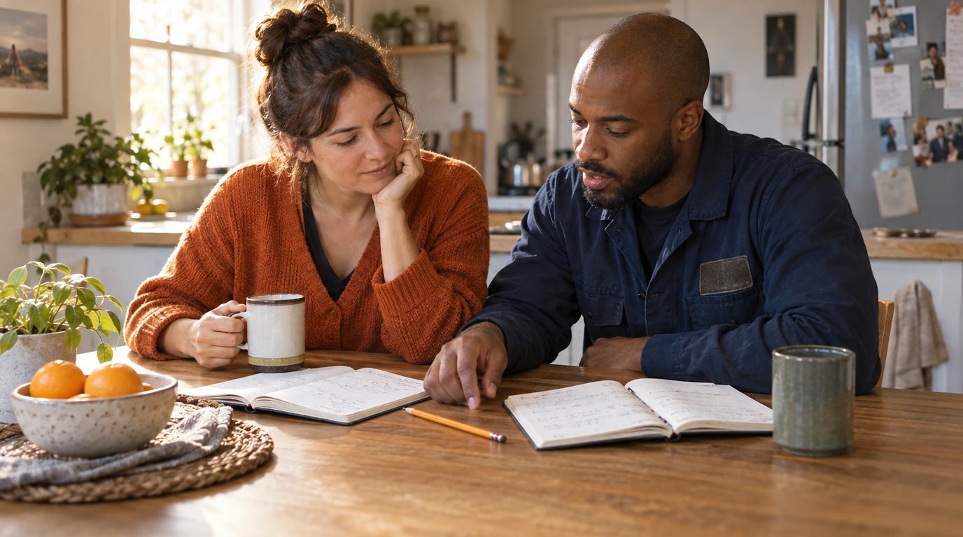 Two open notebooks and a shared pencil on a kitchen table.