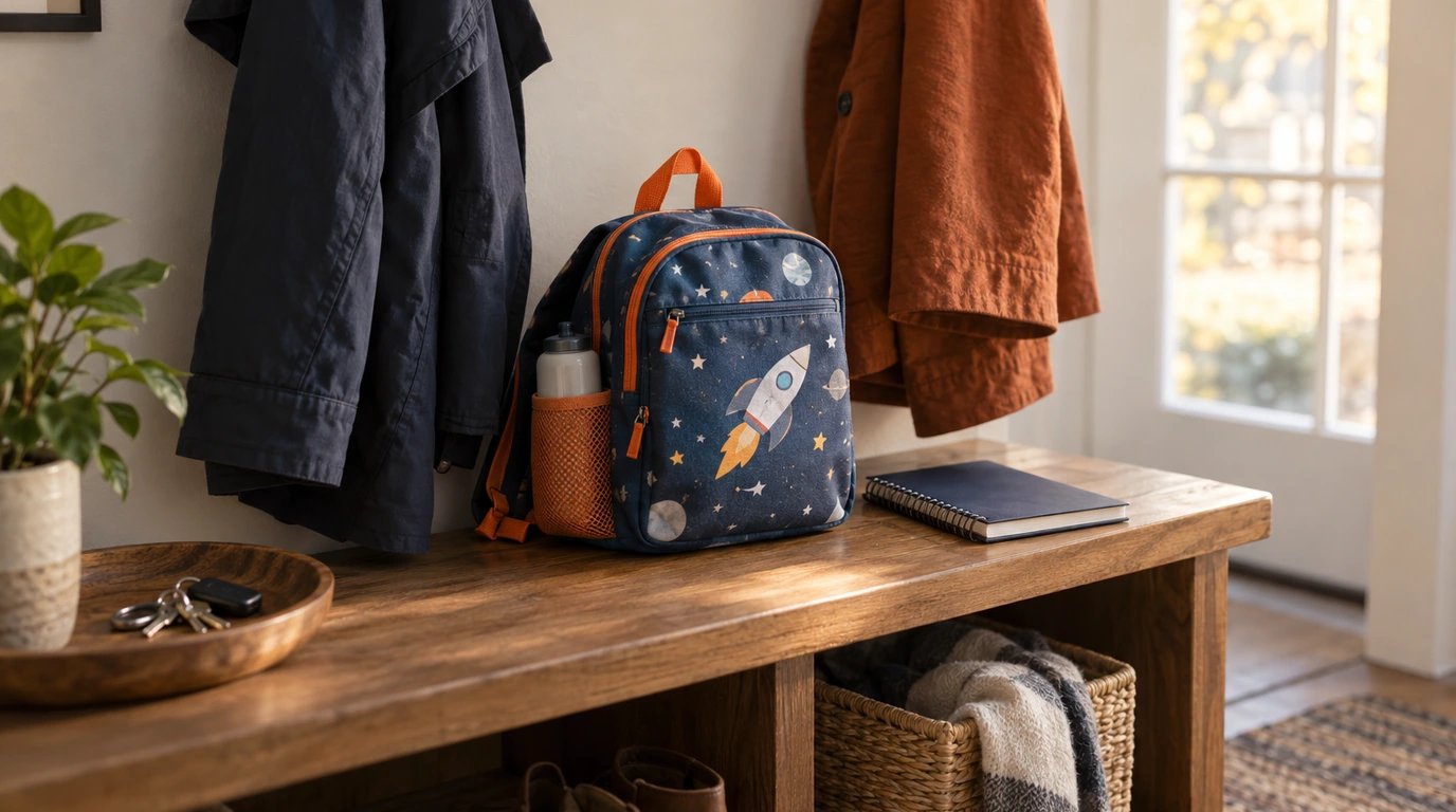 A child backpack between two adult coats beside a closed contact notebook.