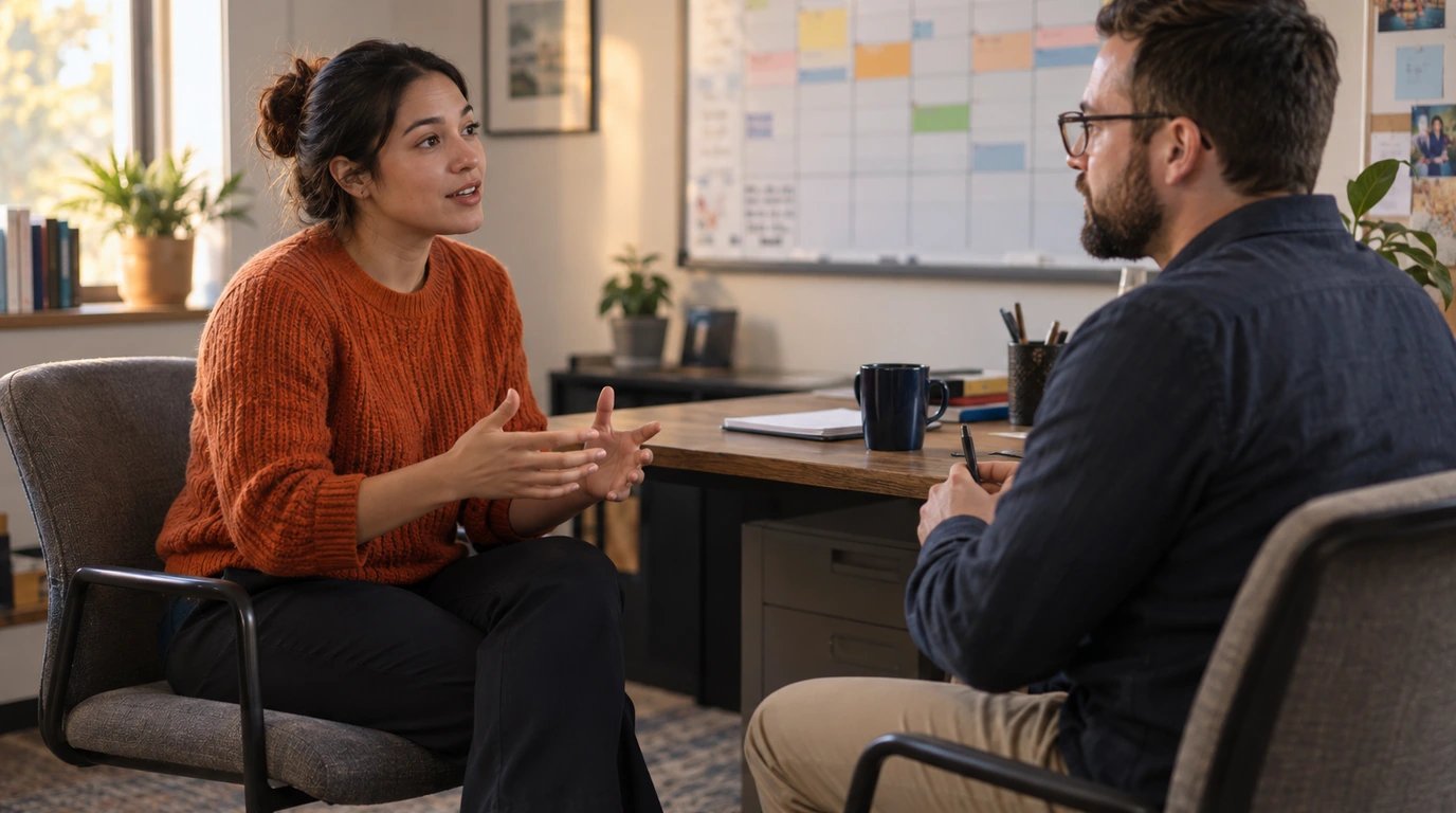 Two chairs in a small workplace office beside an out-of-focus schedule board.