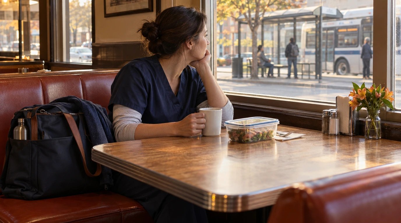 A work bag and lunch container in a quiet diner booth overlooking a bus stop.