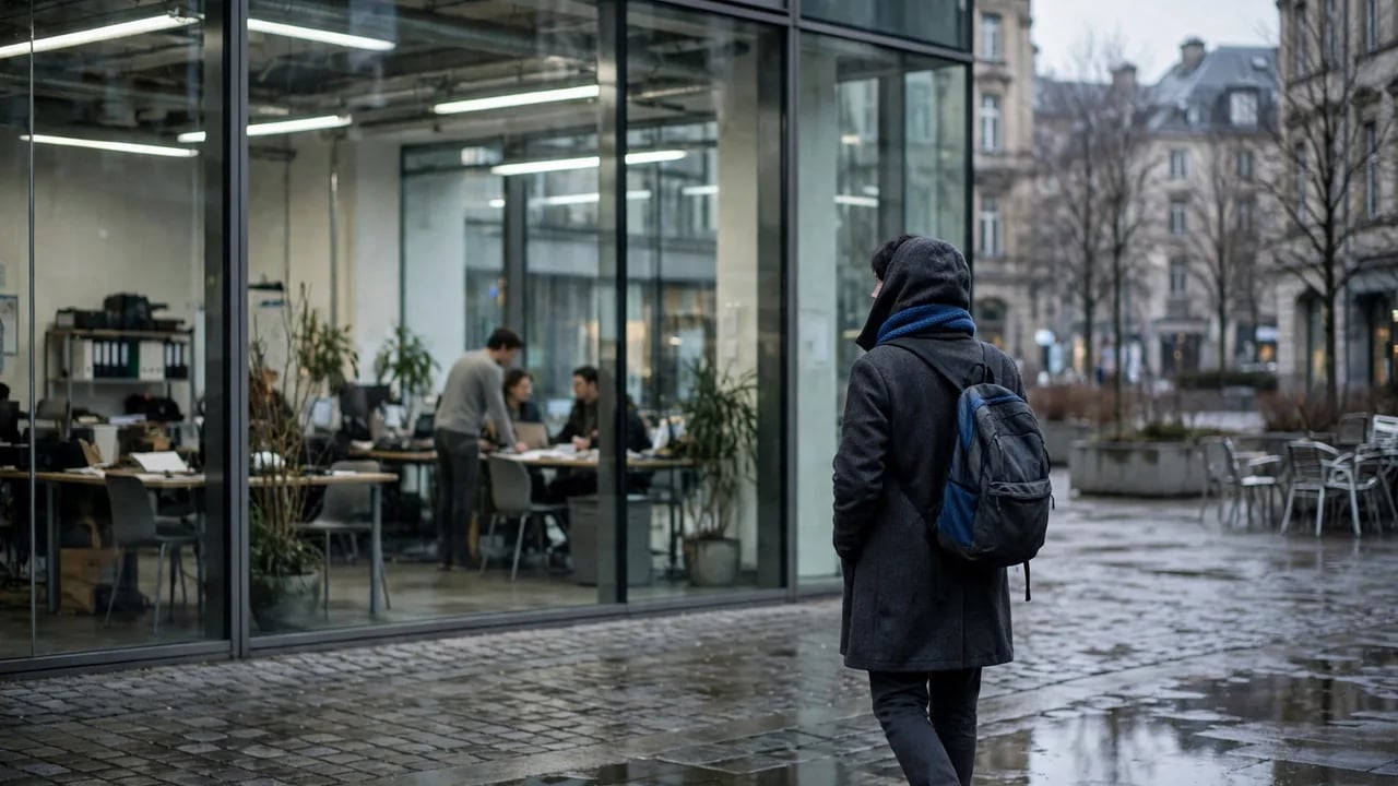 A person wearing a coat with a hood and a backpack walks on a cobblestone street past a modern glass-walled office building where people are working inside.