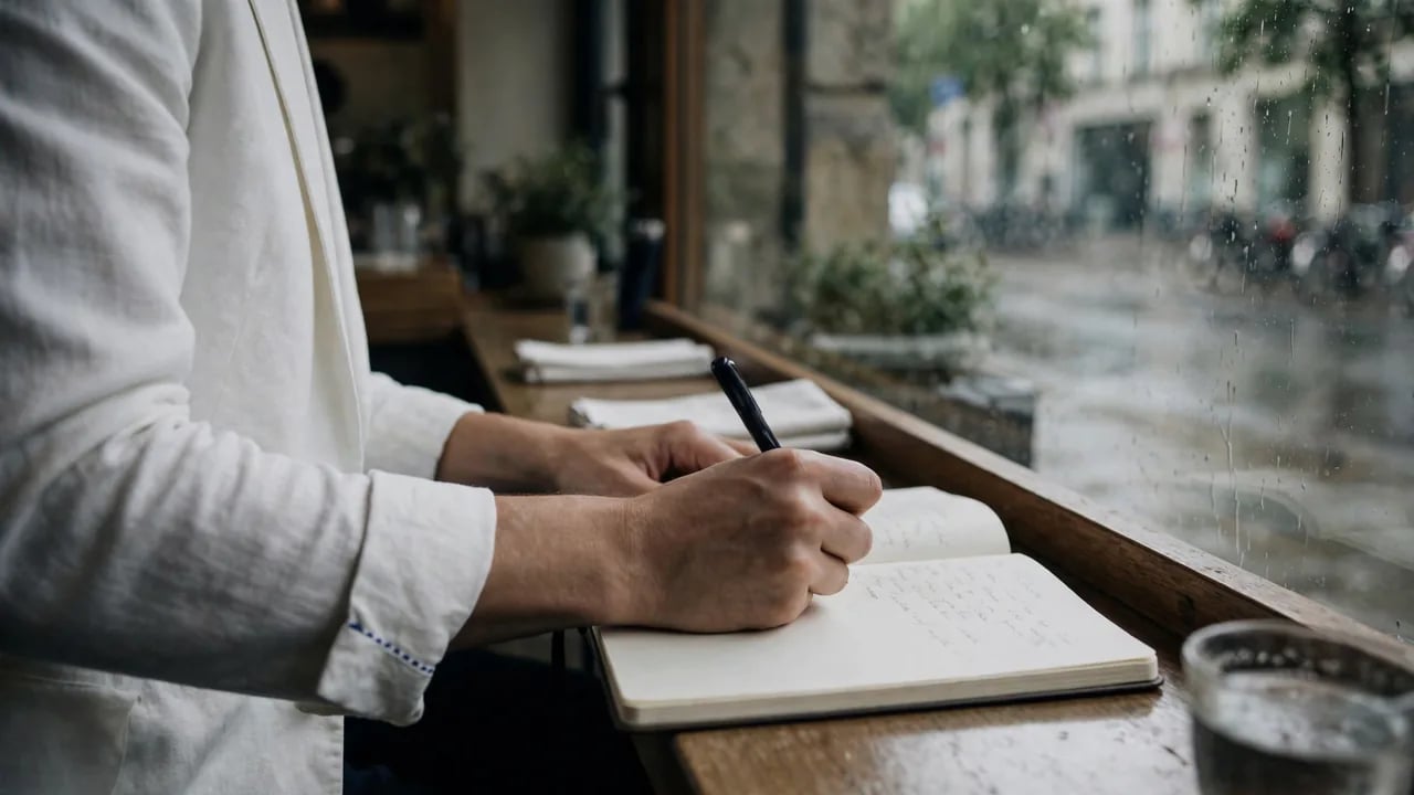 A person wearing a white blazer sits by a window in a cafe, writing in a notebook with a black pen.