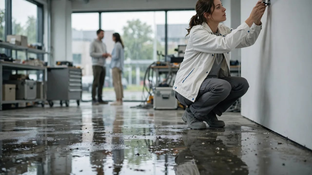 A woman crouching and installing a component on a wall in a workshop with water on the floor, while two people stand in the background.