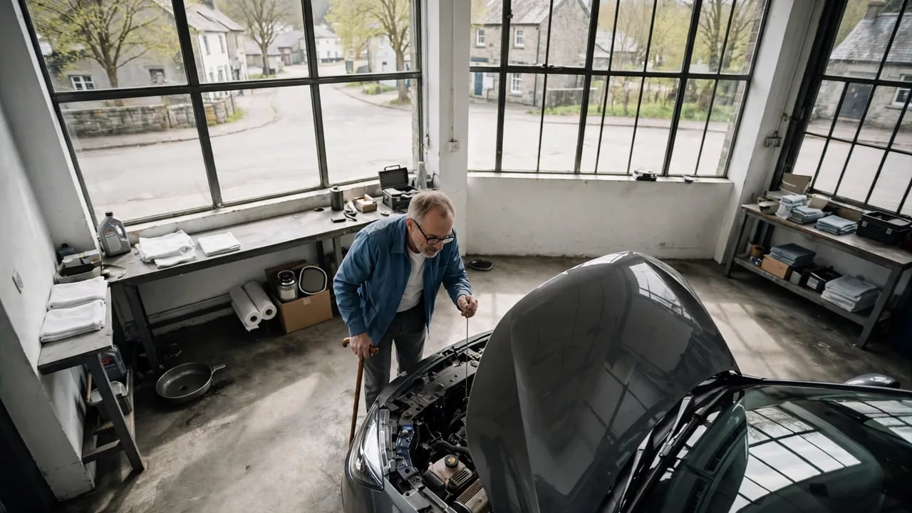 An older man with a cane inspects the engine of a car with the hood open inside a bright, industrial garage.