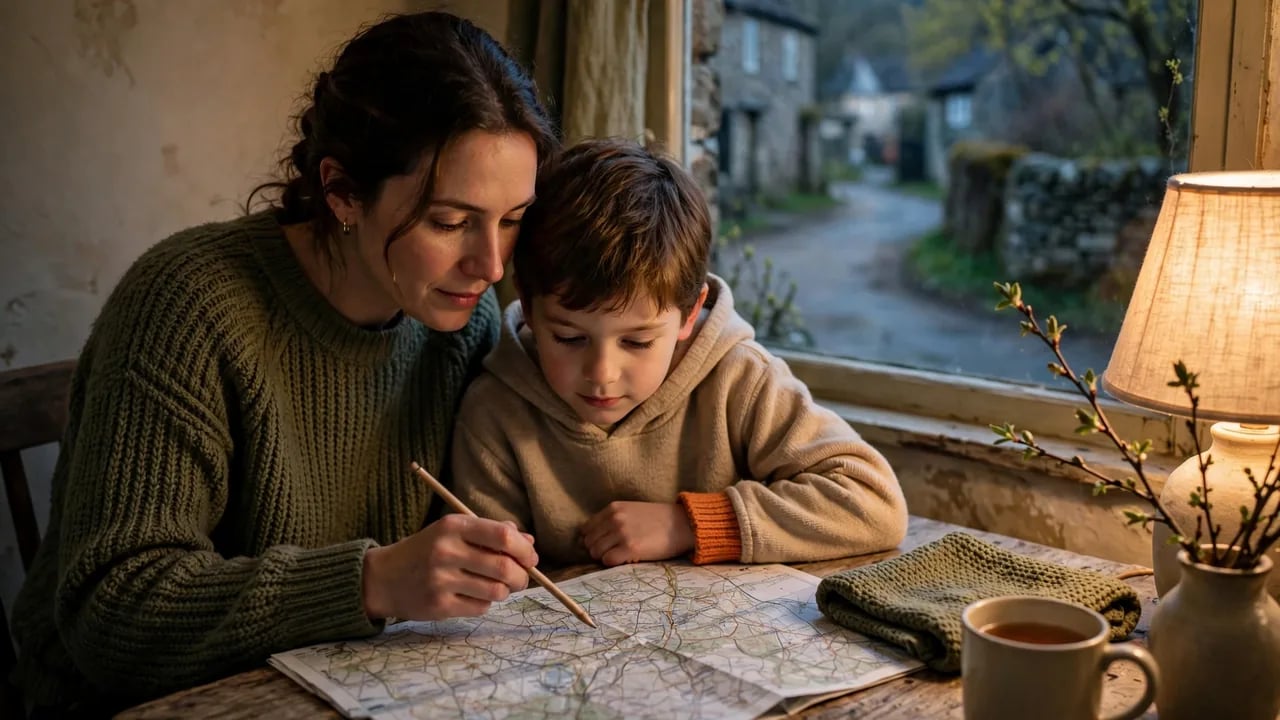 A mother and her young son sitting at a wooden table looking at a map, with a view of a quaint village street outside the window.