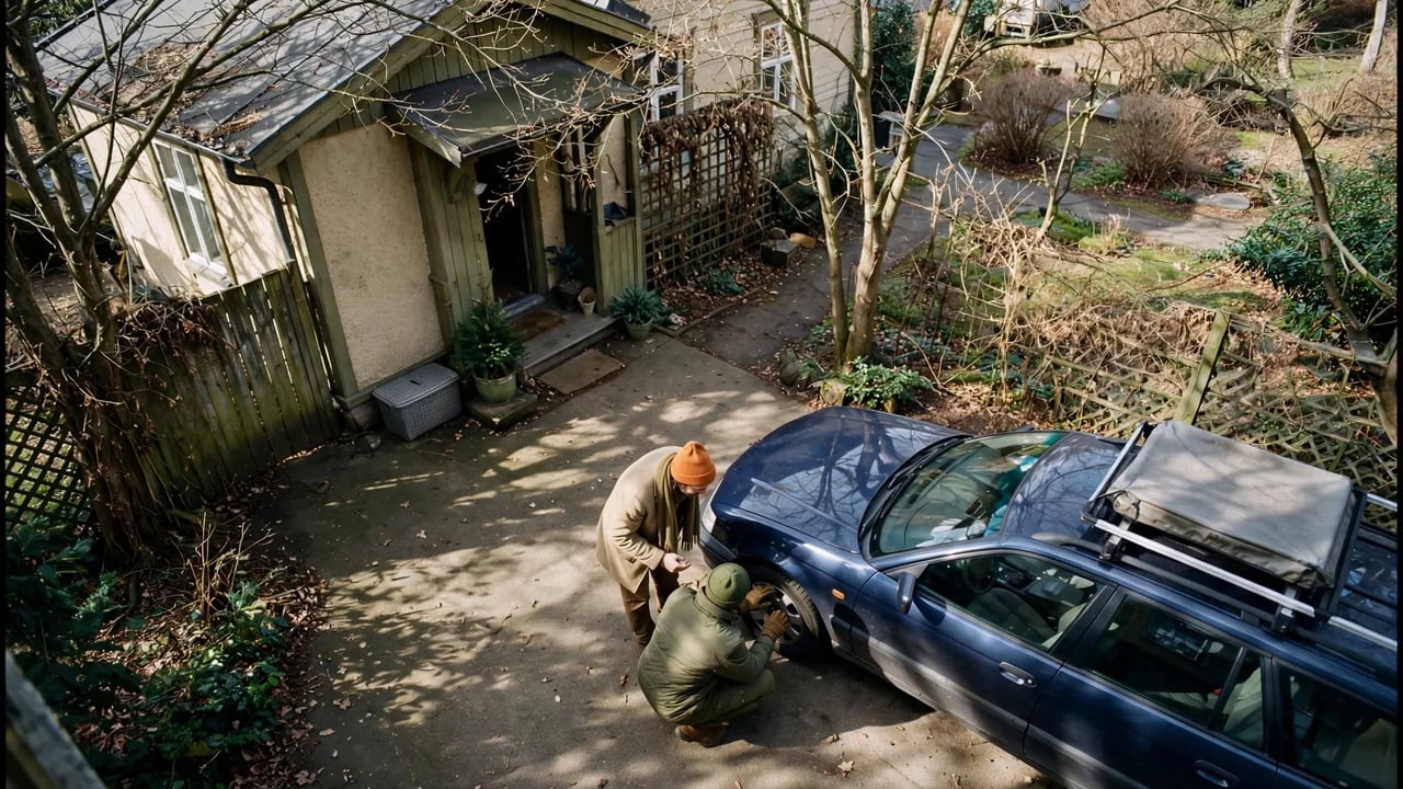 Two people in winter clothing checking a car tire in a driveway beside a small house.