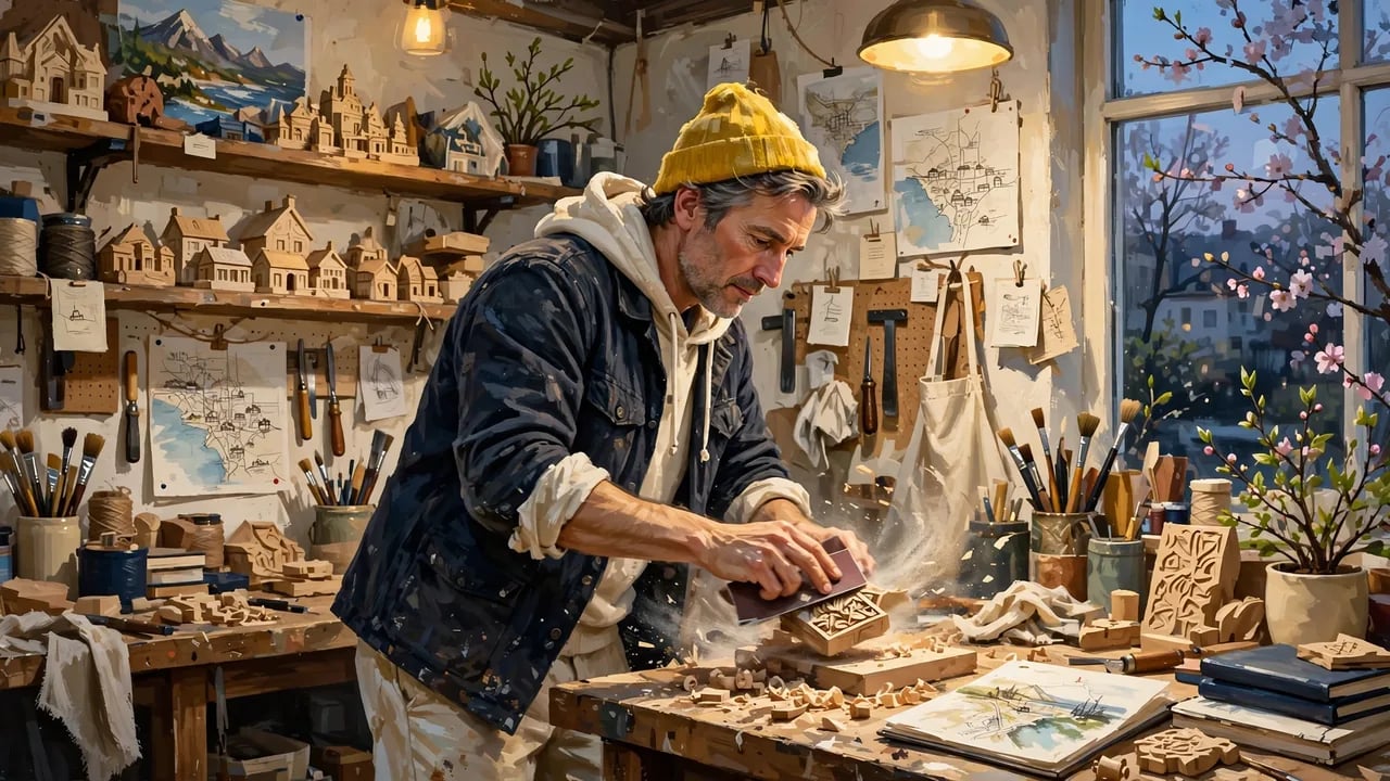 A man in a yellow beanie sands a small wooden block in a cluttered artist workshop filled with miniature wooden buildings, sketches, and tools, with a view of a cherry blossom tree outside the window.