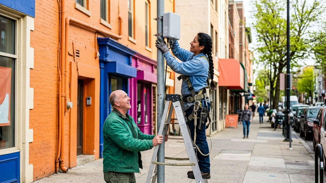 A female worker in a harness and denim shirt stands on a ladder, installing a small cell antenna on a utility pole while a man in a green jacket watches and smiles on a sidewalk lined with colorful buildings.