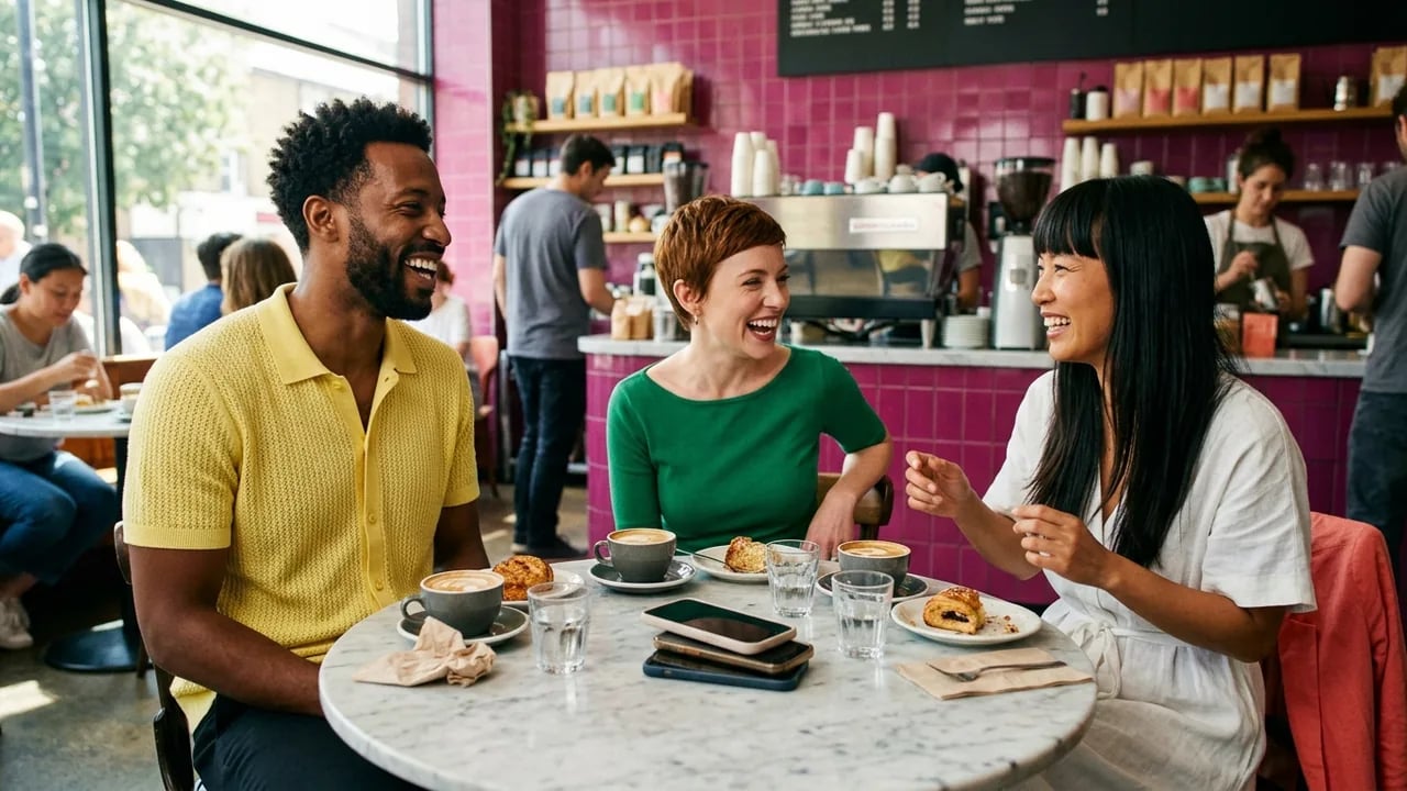 Three diverse friends laughing and talking around a small cafe table with coffee and pastries, with several smartphones stacked on the table.