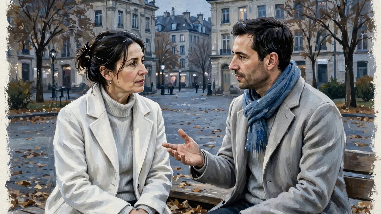 A man and a woman sitting on a bench in a city square during autumn, engaged in conversation.
