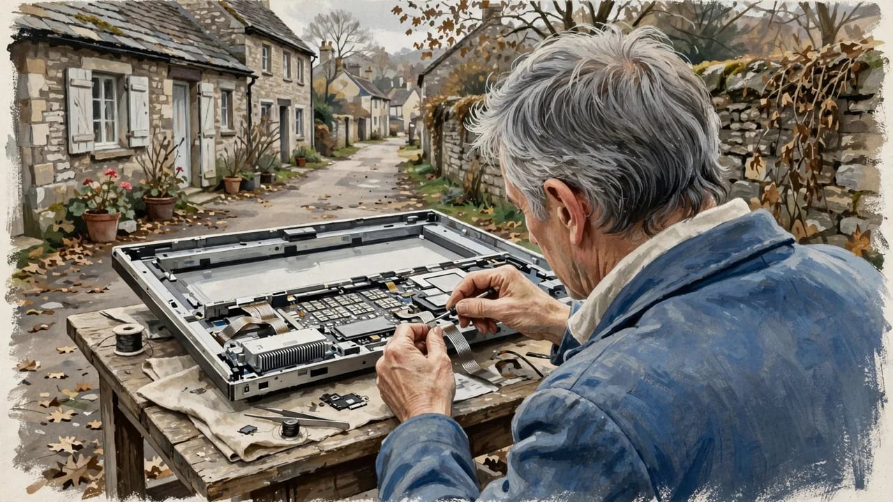 An older man repairing an open television chassis on a wooden table in front of a rustic village street scene.