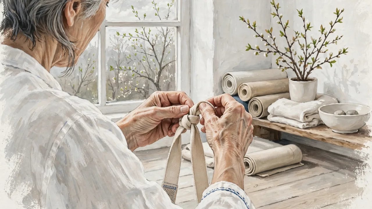 An older woman in a light-colored shirt knots a yoga strap by a window with yoga mats, a potted plant, and towels on a shelf.
