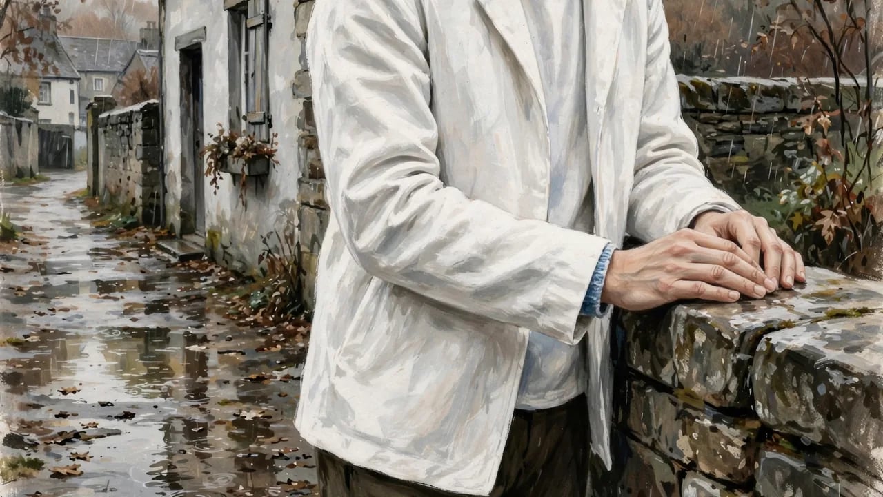 A person wearing a white blazer stands by a stone wall on a rainy day in a European village setting.