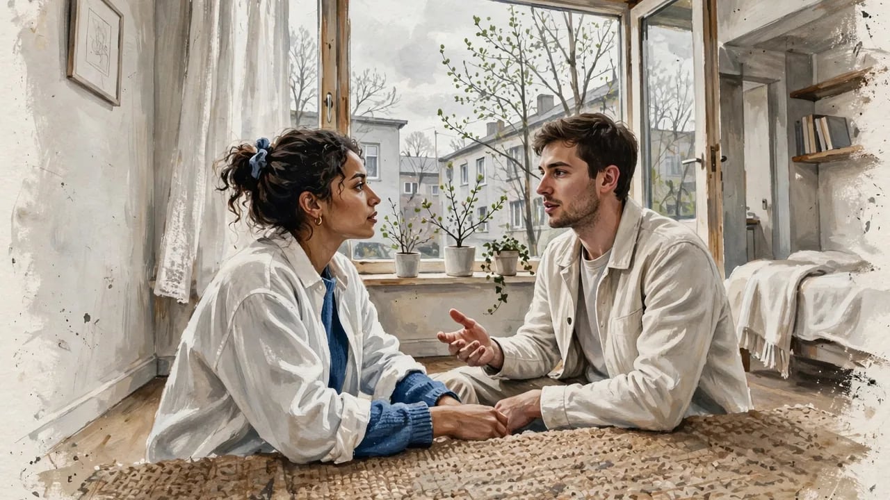 A digital painting of a young man and woman sitting on the floor in front of a window, facing each other and holding hands while conversing.