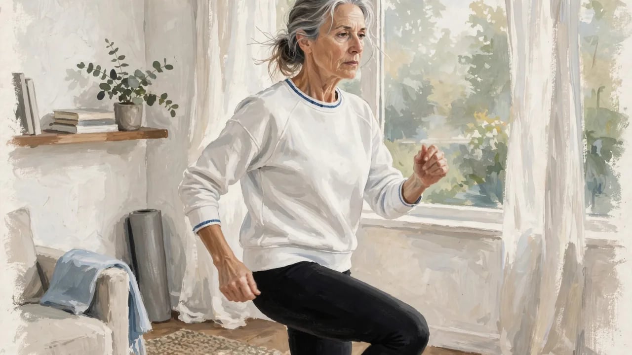 An older woman with grey hair dressed in a white sweatshirt and black leggings is exercising in a living room by a large window.