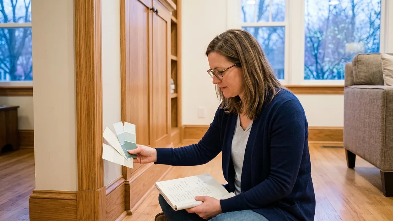 A woman with glasses wearing a navy blue cardigan kneeling on a wooden floor in a living room, holding a fan of paint swatches against a wall while looking at a notebook in her lap.