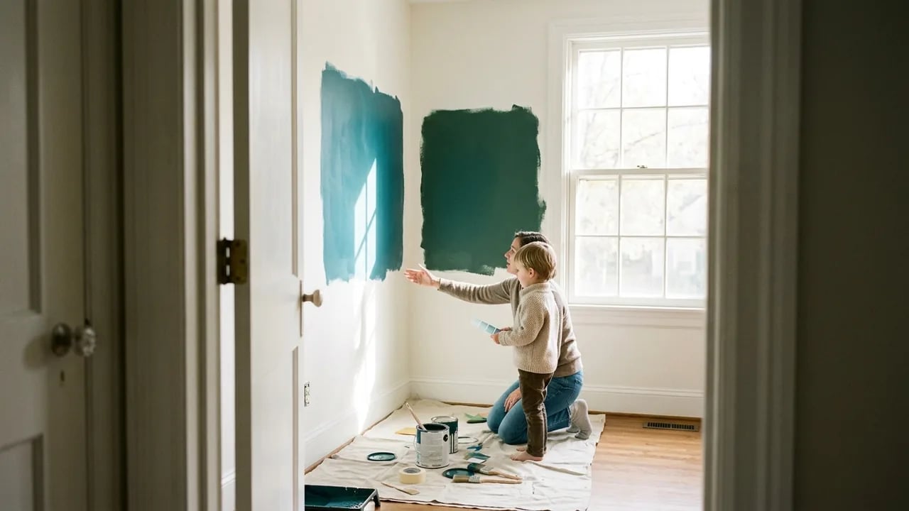 An adult and a small child kneel on a drop cloth in a bright room, examining paint swatches tested on a white wall.
