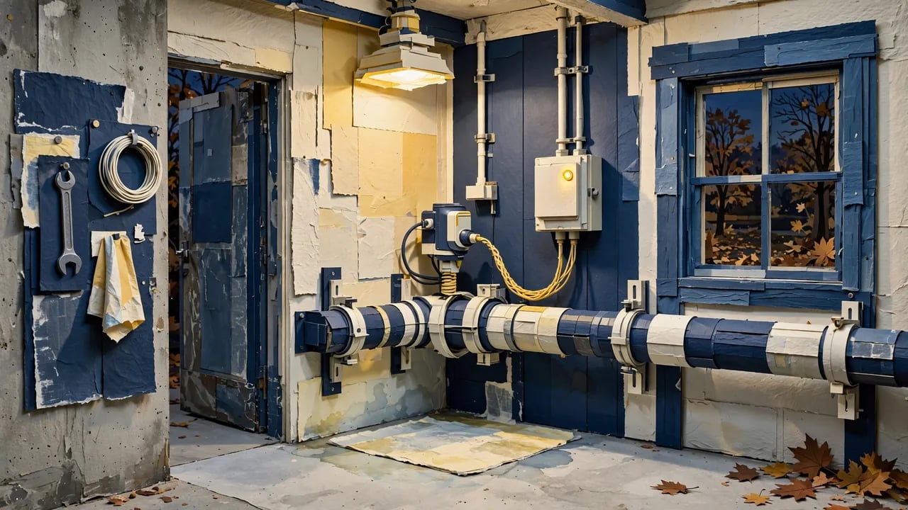 A workshop interior featuring a blue and white striped pipe running horizontally across the wall, connected to an electrical box with a glowing light, with a tool board holding a wrench and coil of rope on the left, a doorway to the left, and a window to the right revealing an autumn landscape with fallen leaves.