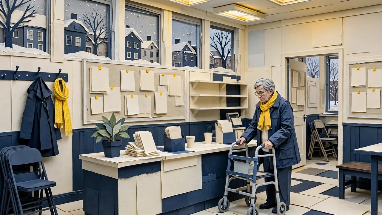 An elderly person with gray hair using a walker in a room designed to look like a stylized, flat paper cutout diorama, wearing a dark blue coat and a yellow scarf, with snow-covered houses visible through the windows.