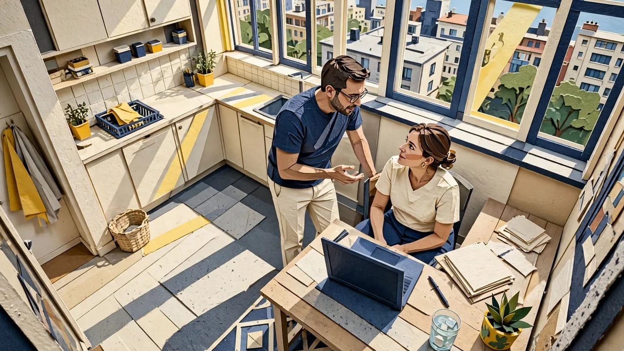 A man and a woman in a sunlit kitchen with a view of urban buildings through large windows; the woman sits at a table with a laptop while the man stands next to her, gesturing as they talk.