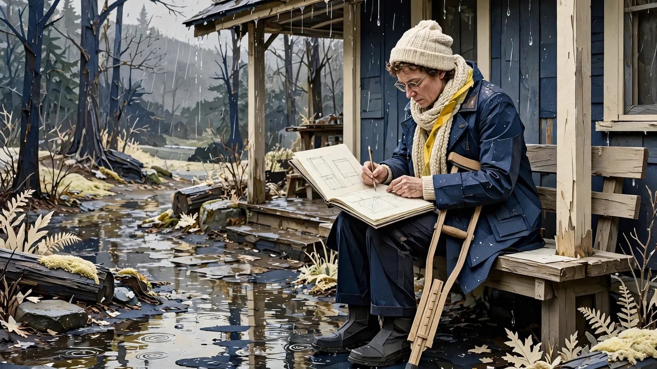 A person wearing a winter coat, hat, and scarf sits on a wooden porch bench while sketching in a notebook, with a crutch leaning against their side during a rainy day in a forest setting.