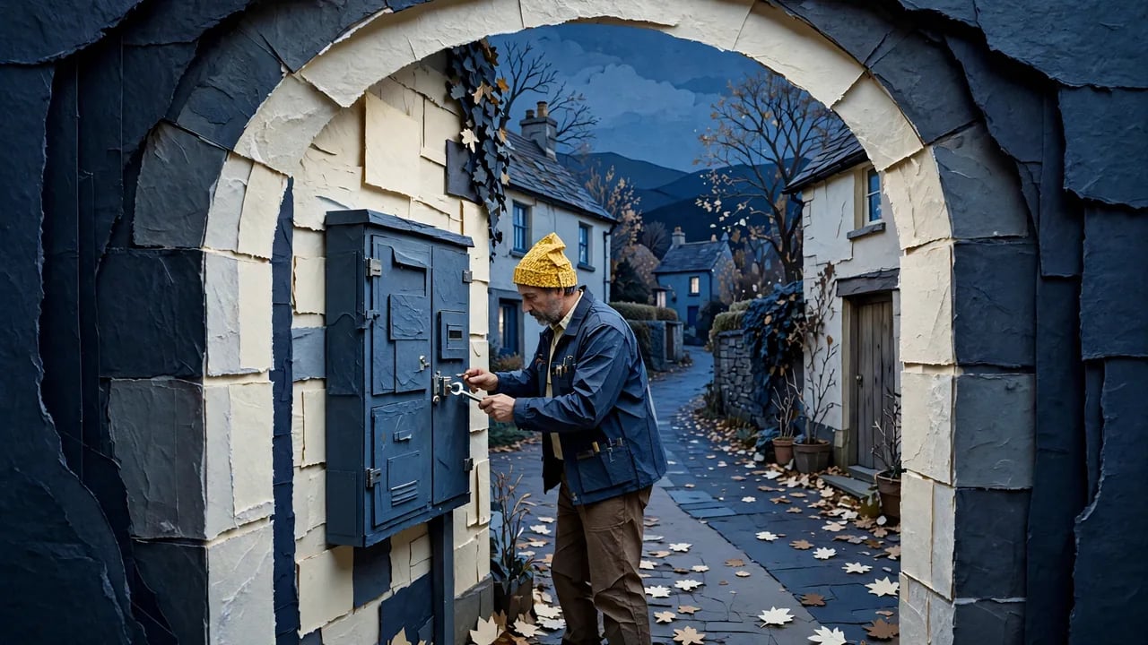 A man in a yellow knit cap and blue jacket uses a wrench to work on a metal box attached to the wall of a stone building, viewed through an arched stone gateway in a small village setting.