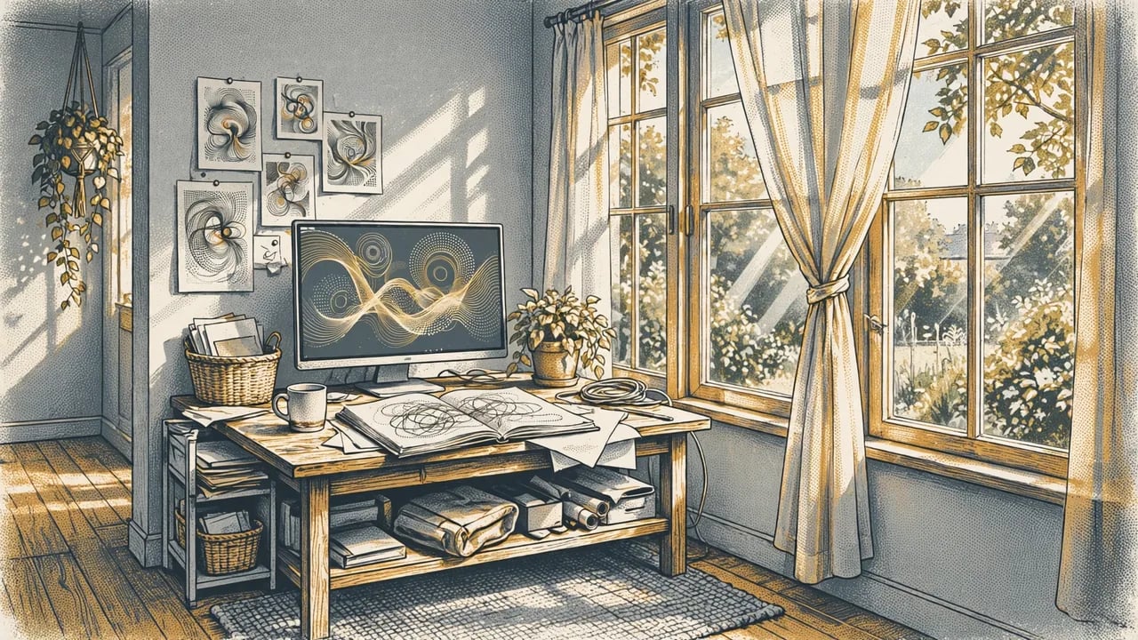 An artist's workstation by a window with a computer displaying a digital line art pattern, a sketchbook with drawings on the desk, and wall art featuring abstract sketches, all rendered in a warm, stippled illustration style.