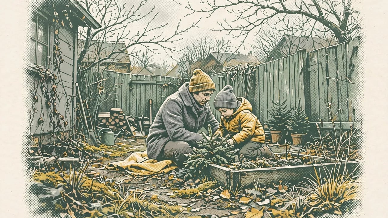 An adult and a young child in winter coats and beanies kneeling in a backyard garden to plant a small evergreen sapling in a wooden raised bed.